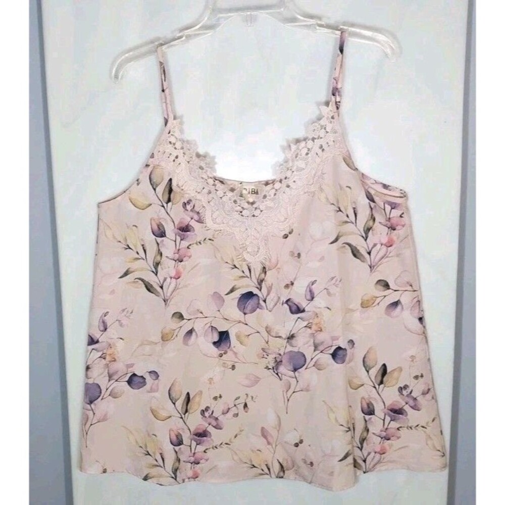 Bibi Pink Floral Cami Tank Top Sz L Lace Trim V Neck Boho Cottagecore Romantic